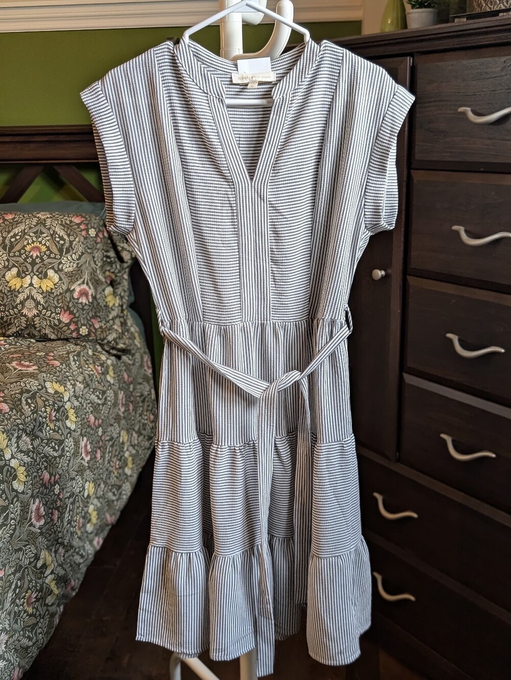 Monteau Striped Cap-Sleeve Tiered Dress with Waist Tie - White and Black